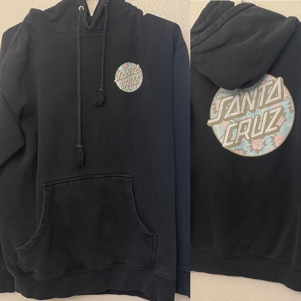 Santa Cruz surfer beachy Roses logo graphic black Hoodie Y2K unisex size M